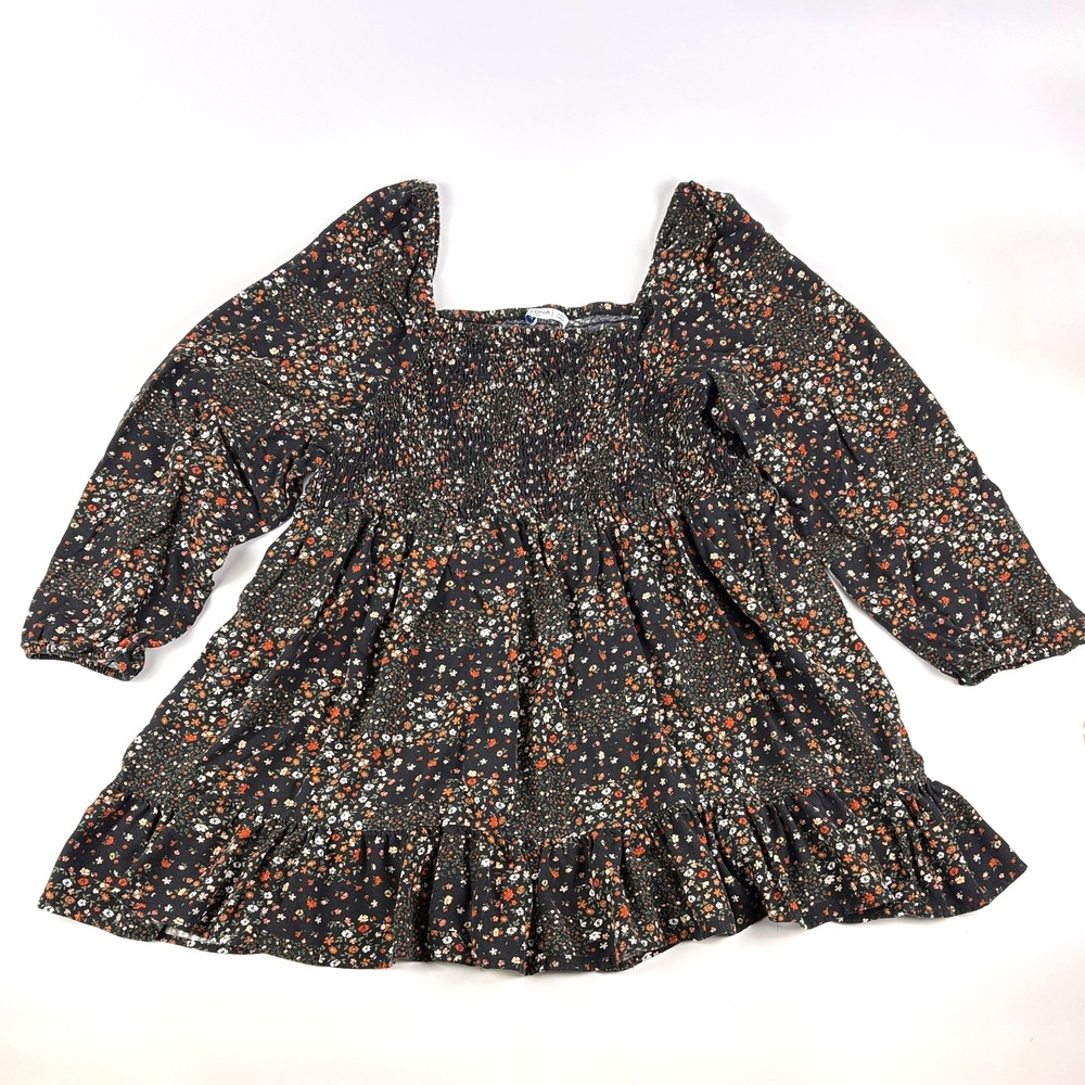 Arizona Jean Co Smocked Babydoll‎ Tunic Top Womens Sz XXL Black Floral Y2K Puff